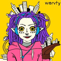 a drawing of a girl with purple hair and headphones holding a cell phone in her hand