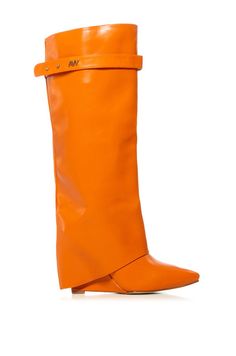 Introducing the MELINA ORANGE WEDGE BOOT, a fashion-forward, knee-high boot crafted from orange faux leather. With its pointed toe and stylish fold over silhouette, these statement boots will add sophisticated flair to any ensemble. Timelessly chic and undeniably desirable, this boot is the perfect companion for any trendsetter. Aw Logo, Orange Boots, Platform Combat Boots, Orange Wedges, Orange Outfit, Azalea Wang, Stuck On You, Cheap Womens Clothing, Orange Leather