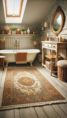 a bathroom with a rug, sink and bathtub in the middle of the room