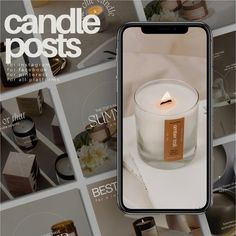 a candle is sitting on top of a magazine with pictures behind it and the title candle posts