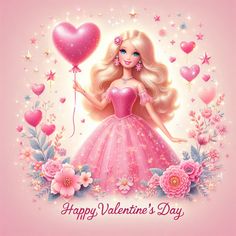 a barbie doll holding a heart balloon with flowers and stars around it on a pink background