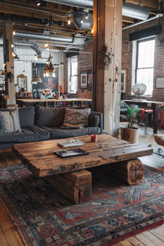 a living room with couches, tables and rugs on the floor in front of windows