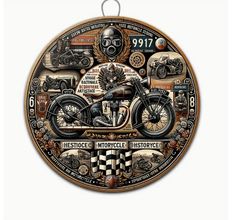 a clock with an image of a motorcycle and other vehicles on it's face