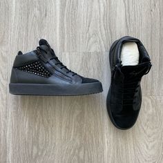 Giuseppe Zanotti Black Studded London High-Top Sneakers. Size 41 (Size 8 Us). Purchased Brand New From Ssense. Worn A Small Handful Of Times. Taken Very Well Care Of. Comes With Box, Original Packaging, And Dust Bag. Message Me If You Would Like Other Pics. $390 Obo. #Giuseppezanotti #Sneakers #Hightop #Designer Black Suede High-top Sneakers With Studded Outsoles, Designer High-top Sneakers With Removable Insole, Luxury Suede High-top Sneakers With Round Toe, Luxury High-top Sneakers With Removable Insole, Luxury Black Sneakers With Removable Insole, Zanotti Sneakers, Giuseppe Zanotti Sneakers, Zanotti Shoes, Giuseppe Zanotti Shoes