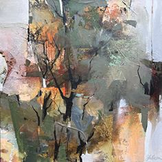 an abstract painting with trees in the background