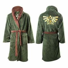 the legend of zelda bathrobe is green and has a yellow emblem on it