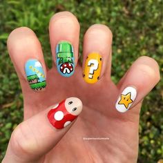 Mario Nail Art, Cosmetology Nails, Mario Nails, Nail Themes, Nail Art Cartoon, Pikachu Nails, Cartoon Nail Designs, Crazy Nail Art, Anime Nails