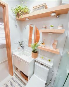 a small bathroom with shelves and plants on the wall above the sink, along with a toilet