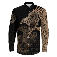 Viking Long Sleeve Button Shirt The Raven Of Odin Tattoo Army Style Ver04Each all over printed Long Sleeve Button shirt is constructed from a premium polyester blend that is ultra-soft and incredibly comfortable. Features a specialty high definition heat-dye application that ensures long-lasting color vibrancy even after machine washing. Fabric is durable and resistant to wrinkles, shrinking, and mildew. With a blend of tropical colors and featured patterns, you'll be instantly transported to th Black Long Sleeve Shirt With Sublimation Print, Long Sleeve Shirt With Sublimation Print, Long Sleeve Shirt With Sublimation Print, Relaxed Fit, Long Sleeve Shirt With Sublimation Print And Relaxed Fit, Relaxed Fit Long Sleeve Shirt With Sublimation Print, Fitted Long Sleeve Shirt With Custom Print, Fitted Black Shirt With All Over Print, Relaxed Fit Long Sleeve Shirt With Custom Print, Custom Print Long Sleeve Relaxed Fit Shirt