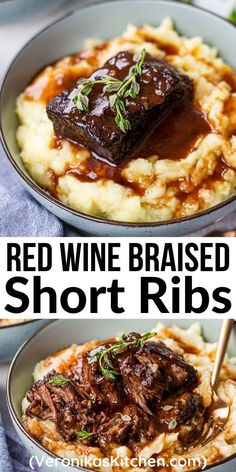 Braised short rib over mashed potatoes in a blue bowl. Short Ribs In Dutch Oven, Ribs In Dutch Oven, Dutch Oven Ribs, Red Wine Braised Short Ribs, Wine Braised Short Ribs, Beef Ribs Recipe, Crockpot Healthy