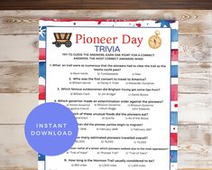 a printable trivia for the pioneers day trivia is displayed on a wooden background