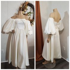 two pictures of dresses on mannequins, one in white and the other in ivory