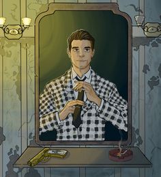 a man in a checkered shirt and tie is looking at himself in the mirror