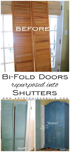 before and after photos of sliding doors repurposed into shutters