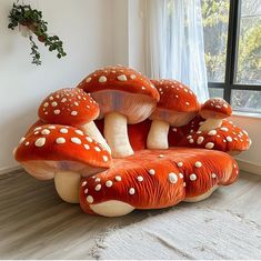 a chair made out of mushrooms sitting in front of a window