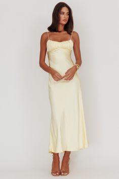 Shop the Nerida Twist Back Satin Maxi Dress Lemon | Selfie Leslie Prom Dresses Size 8-10, Float Maxi Dress, Fitted Bodice Maxi Length Slip Dress For Date Night, Prom Slip Dress With Tie Back In Maxi Length, Ruched Maxi Dress With Fitted Bodice For Brunch, Fitted Bodice Maxi Dress For Brunch, Summer Satin Maxi Dress With Fitted Bodice, Fitted Slip Dress With Ruched Back, Maxi Length, Fitted Ruched Bodice Maxi Dress For Brunch