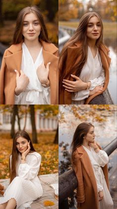 four different pictures of a woman in white dress and brown coat posing for the camera