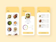 three app screens showing different food items on the same screen, one with an image of salad