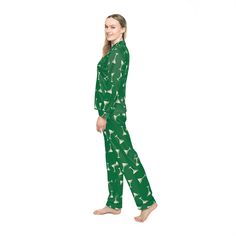 These personalized pajamas for women feel divinely soft to the touch thanks to their 95% polyester and 5% spandex blend. Now, you can add a custom design all over the soft, satin fabric and create unique pajama sets. Each set comes with a notch lapel (collar style) and a drawstring waist for a comfy, snug fit.  .: Material: 95% satin polyester, 5% spandex .: Seam thread color is matched close to the design .: Trim, drawstrings and buttons available in black Green Long Sleeve Holiday Sleepwear, Green Long Sleeve Sleepwear For Holiday, Holiday Green Long Sleeve Sets, Casual Green Holiday Sets, Martini Bachelorette, Bday Gifts, 30th Party, Personalized Pajamas, Pyjamas Womens