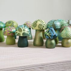 Set of three wooden Fungi, hand painted with unique botanical themed designs in acrylic paints, solid beech wood, a great gift or stocking filler for those who love nature especially Mycologists! The wooden fungi you receive will be randomly selected and I will take care to mix the sizes and styles to make a nice set. Favourite themes include ivy, Japanese blossom, ferns and foliage.  The colours are predominantly shades of green (as they are based on plants) - if you have any specific colour pr Japanese Blossom, Mushroom Paint, Mushroom Crafts, Mushroom Decor, Unique Ornament, Diy Clay Crafts, Christmas Display, Craft Sale, Peg Dolls