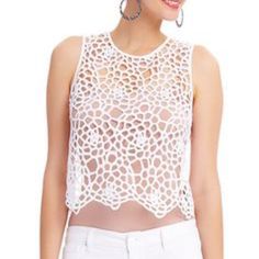 White Lace Style Crop Top! Great To Wear Over A Bikini Or Bandeau! White Casual Tank Top For Party, Casual White Tank Top For Party, Chic White Crochet Top For Summer, Chic Summer Party Crochet Top, White Crop Top Tank Top For Beach Season, White Party Top For Beach Season, White Crochet Top For Spring Party, Chic White Crochet Crop Top, White Sleeveless Crop Top For Beach Season