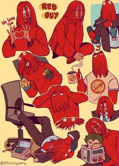 the red guy is sitting in front of his computer