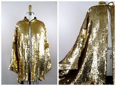 This is a RARE and GORGEOUS vintage piece fully embellished with gold sequins. STUNNING!! It's in excellent condition! Bust - measures 62" while the front is brought together Upper Arm Circumference - 26" Length - 32" from top to bottom hem All of my items come from a smoke-free and pet-free home.  If you have any questions, please don't hesitate to ask! Gold Sequined Outerwear For Winter, Gold Sequined Long Sleeve Outerwear, Gold Embellished Outerwear For Formal Occasions, Fall Wedding Outerwear With Sequins, Festive Gold Evening Outerwear, Gold Embroidered Outerwear For Party, Festive Party Outerwear With Gold Embroidery, Festive Embellished Gold Outerwear, Festive Gold Embellished Outerwear