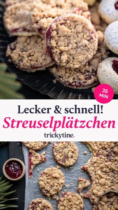 cookies and cranberries on a tray with the words lecker & schnell streuseplitzen