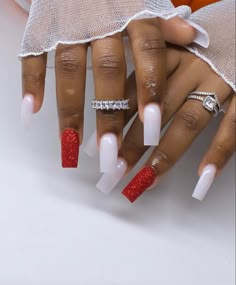 Milky White And Red Nails Acrylic, Red Acrylic Nails Square Medium, Red White Holiday Nails, White Nd Red Nails, Red Baddie Nails Short, Short White And Red Nails, Red And White Nails French Tip, Red White And Pink Nails, Red And White Graduation Nails