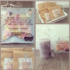 several pictures of different items including candles and paper bags with words on them, some are wrapped in cellophane