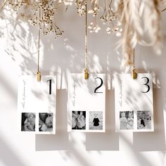 three calendars hanging from the ceiling with photos attached to them and numbers on them