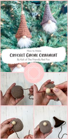 the crochet gnome ornament is shown with instructions to make it