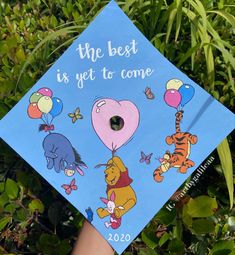 someone holding up a blue graduation cap with winnie the pooh and friends on it