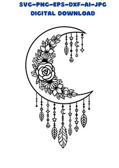 the moon with flowers on it is outlined in black and white, as well as an outline