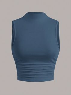 Summer Going Out Mock Neck Ruched Side White Summer Tank Top Teal Blue Casual   Knitted Fabric Plain Tank Slight Stretch  Women Clothing, size features are:Bust: ,Length: ,Sleeve Length: Blue Stretch High Neck Top, Blue High Neck Stretch Top, Casual Blue High Neck Top, Casual Blue Ruched Top, Casual Light Blue Ruched Top, Blue Ruched Sleeveless Top, Best Friend Outfits, Summer Tank Top, Women Tank Tops