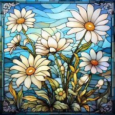 a stained glass window with white daisies in it