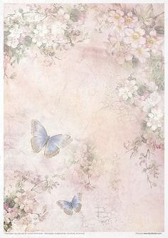 two butterflies flying over flowers on a pink background