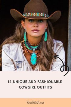 Woman wearing a stylish cowgirl outfit with turquoise jewelry and a brown hat. Western Themed Outfits Women, Womens Western Costume, Outfit Ideas For Rodeo, Rodeo Theme Outfits For Women, Western Chic Womens Fashion, How To Wear A Concho Belt, Classy Cowgirl Outfits Party, Cowboy Summer Aesthetic, How To Wear Your Hair With A Cowboy Hat