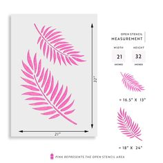 the pink palm leaf stencil is shown with measurements