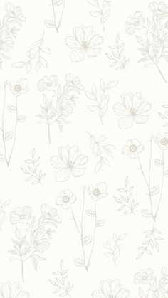 white flowers and leaves are drawn on a light gray wallpaper with an off - white background