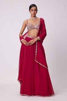 Crimson red flared lehenga pant with a mirror embroidered waistline and hem. Paired with a mirror embroidered padded blouse and dupatta with an embroidered border. - Aza Fashions Red Palazzo Set With Sheer Dupatta For Party, Fitted Red Palazzo Set With Mirror Work, Red Fitted Palazzo Set With Mirror Work, Red Palazzo Set With Mirror Work For Party, Fitted Glamorous Palazzo Set With Dupatta, Vani Vats, Flared Lehenga, Red Flare, Padded Blouse