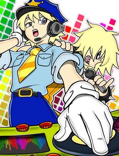 two anime characters are standing next to each other in front of a colorful background with squares