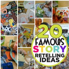 many different pictures with the words 20 famous story retelling ideas on them, including children's books and crafts