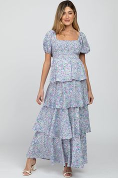 Blue Floral Square Neck Ruffle Layered Maternity Maxi Dress – PinkBlush