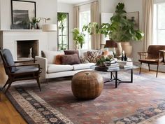 a living room filled with furniture and a fire place in the middle of a room