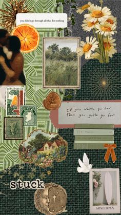 a collage with flowers, pictures, and other things in the same image on it