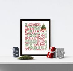 a christmas word cloud with presents on the shelf next to it and a house in the background