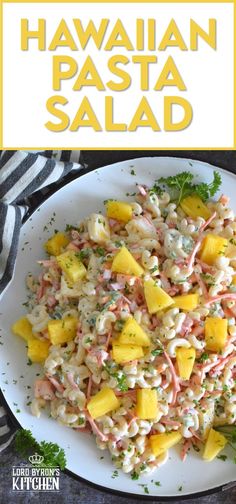 hawaiian pasta salad on a white plate with text overlay