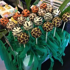 cake pops with zebra and giraffe designs on them are sitting in the grass