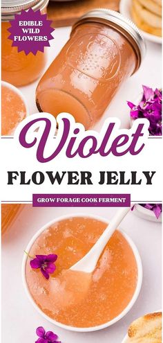 violet flower jelly in a white bowl with purple flowers around it